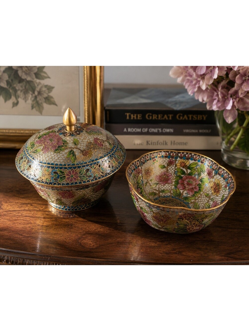 Vintage Chinese Cloisonné Lidded Bowl & Tulip Bowl Hand Enameled Floral Set